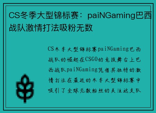 CS冬季大型锦标赛：paiNGaming巴西战队激情打法吸粉无数